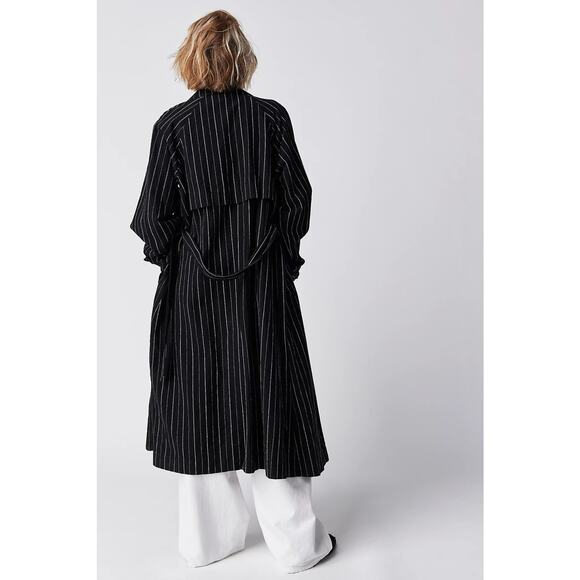 #232 NWT-Free People Linen Blend Blue Striped Melia Mac Trench Coat Sz:M Ret$228 - Picture 4 of 8